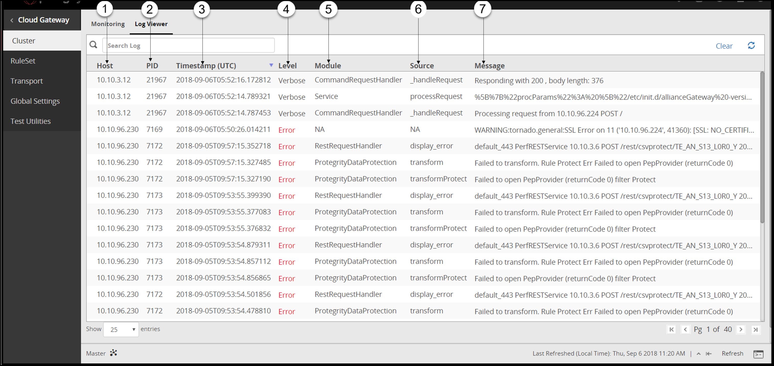 Log Viewer screen