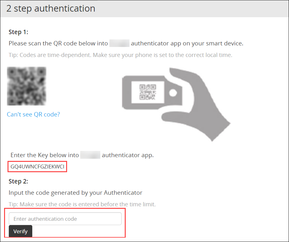 2 step authentication with QR code screen 2 step authentication with QR code screen