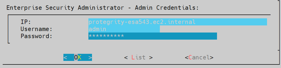 Enterprise Security Administrator - Admin Credentials screen