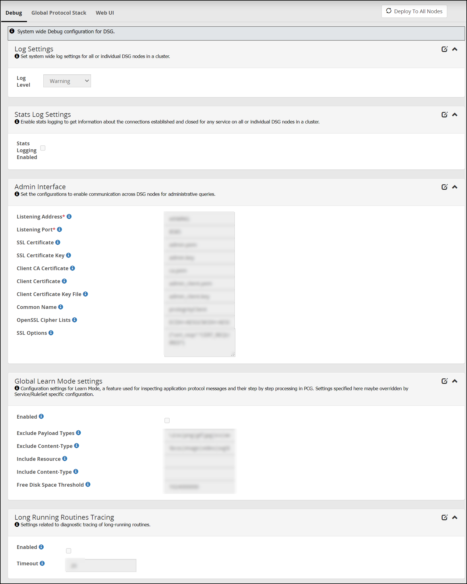 Debug tab settings