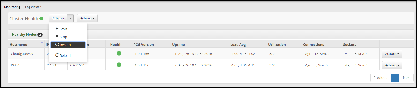 Restart Cluster screen