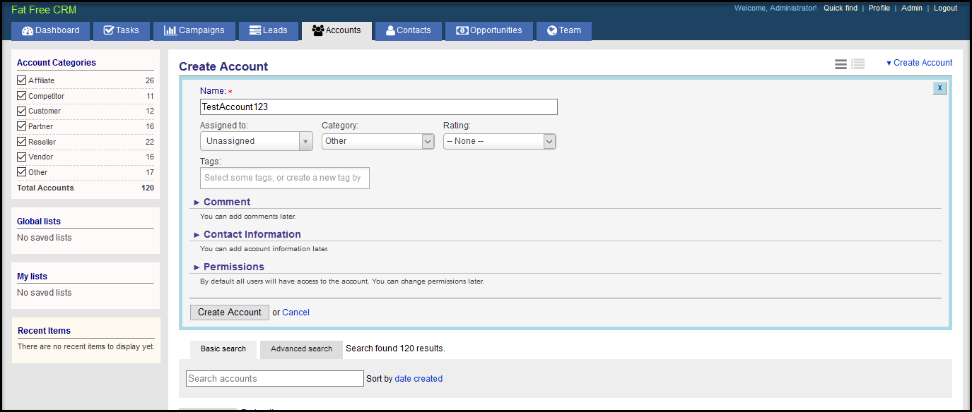 Create Account in CRM screen