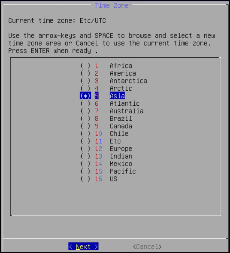 Time Zone screen