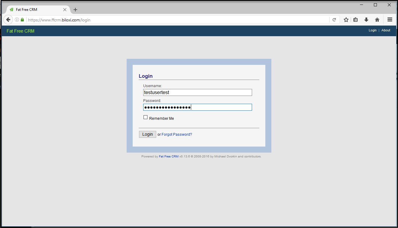 CRM login screen