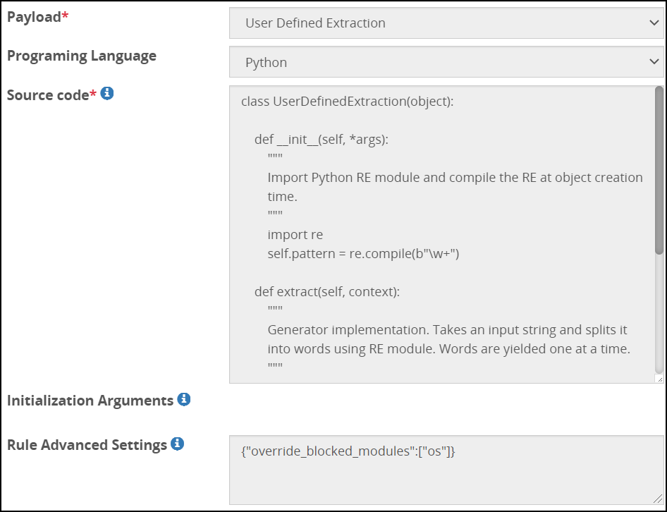 User Defined Extraction Payload