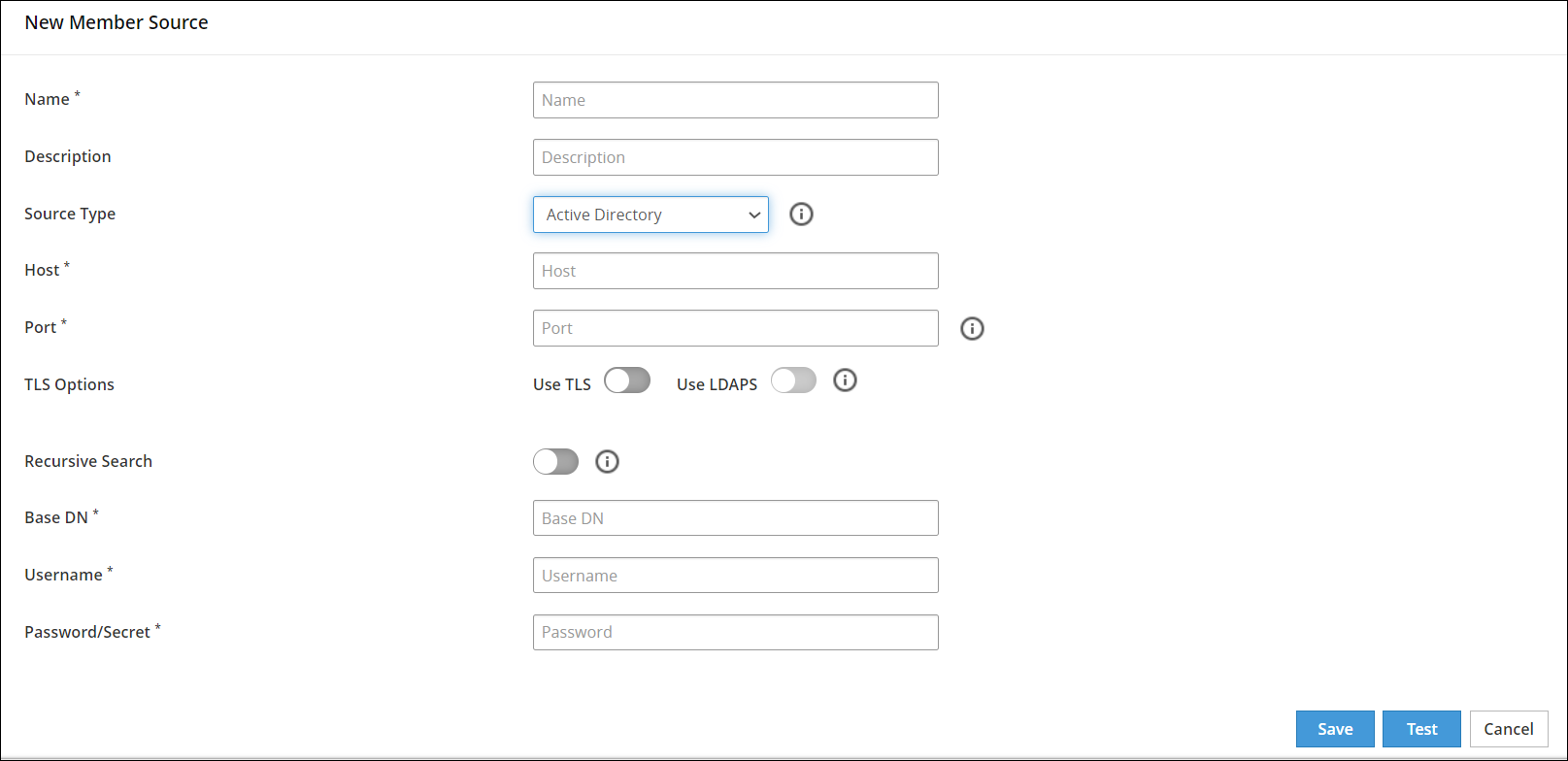 Active Directory Member Source screen Active Directory Member Source screen