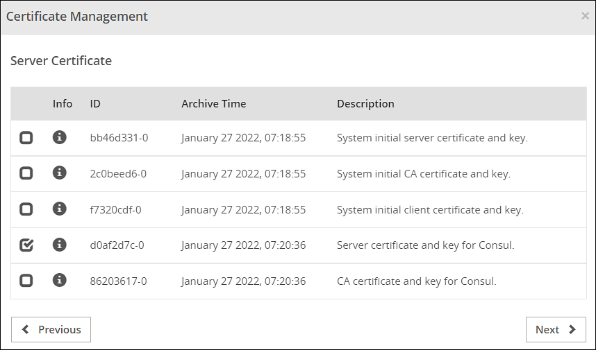 Change Client Certificates screen