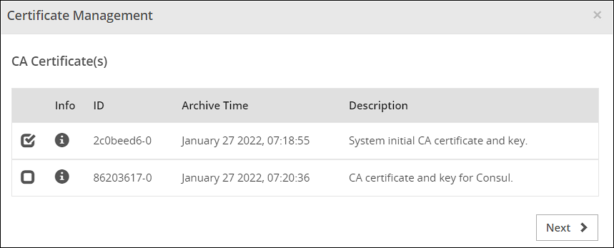 Change CA Certificates screen