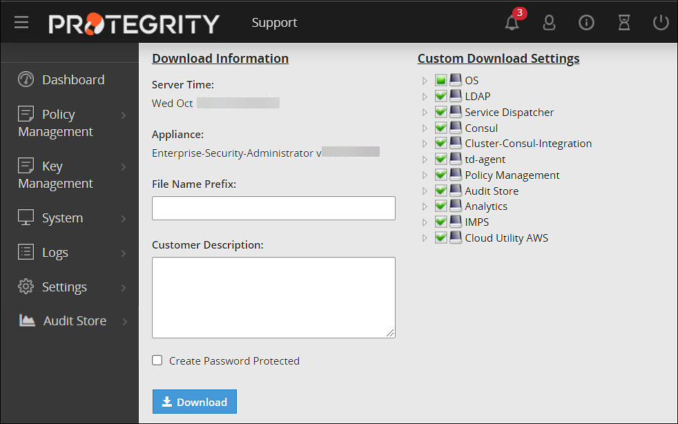 Support tab: Download settings