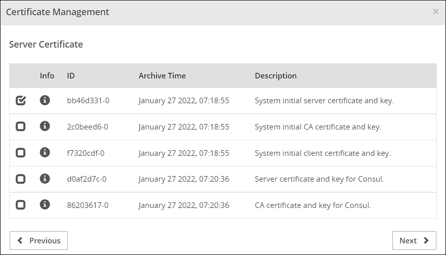 Change Server Certificates screen