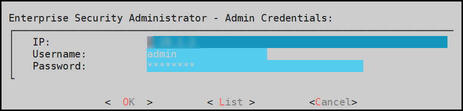 Enterprise Security Administrator - Admin Credentials screen