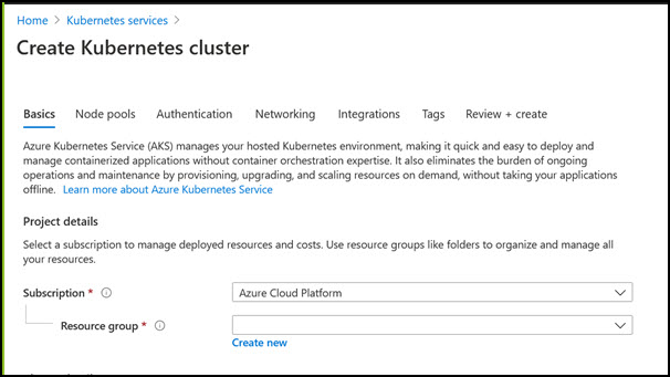 Create Kubernetes cluster screen