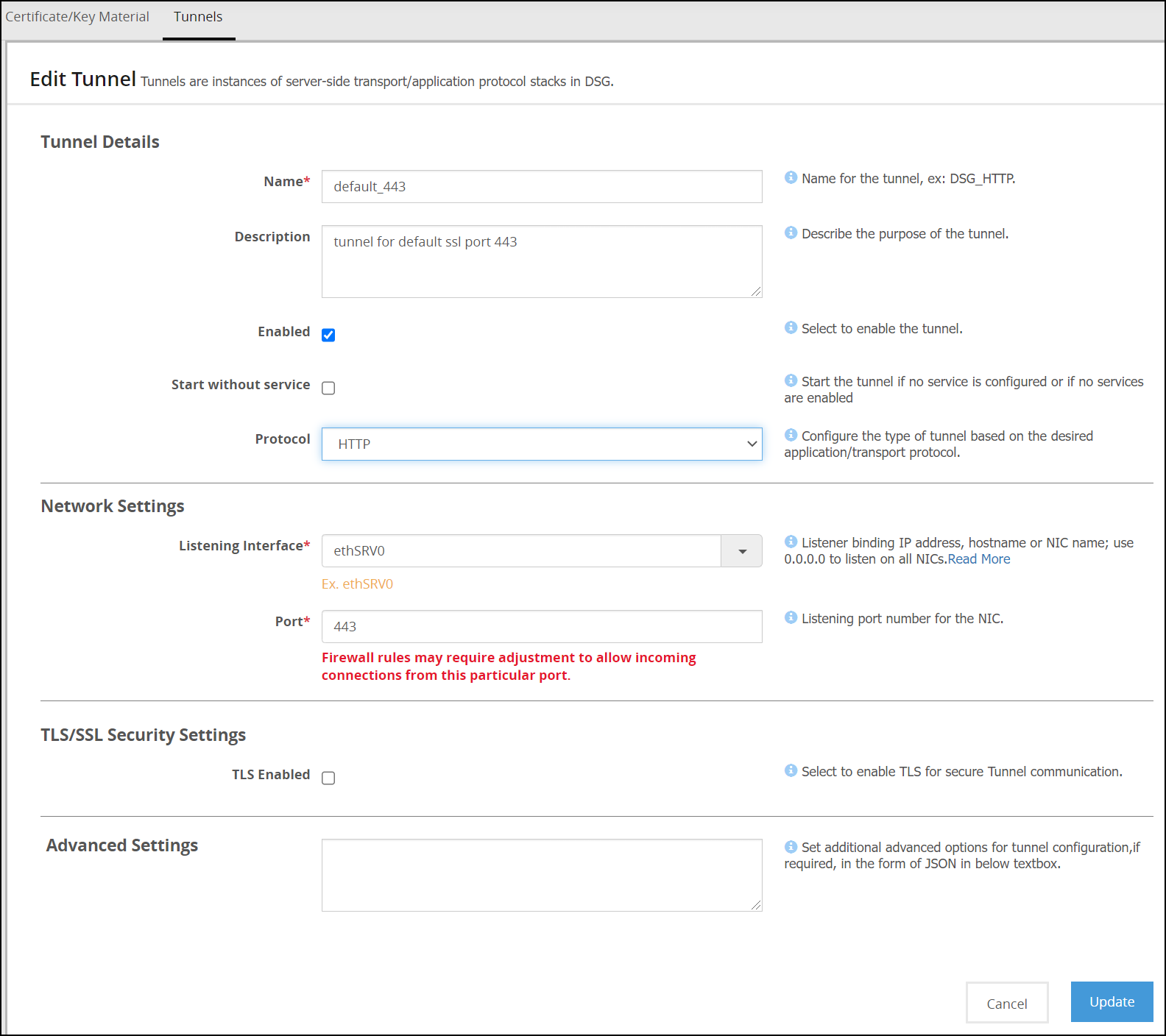 Update Tunnel screen