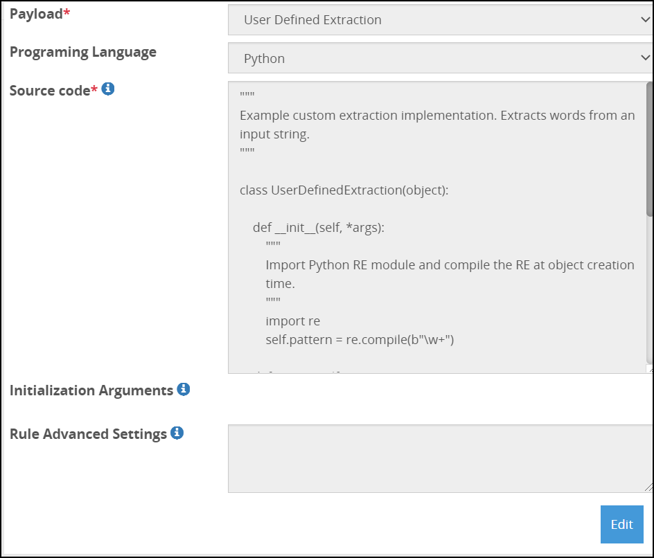 User Defined Extraction Payload