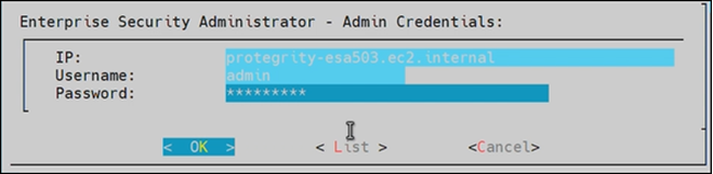 Enterprise Security Administrator - Admin Credentials screen