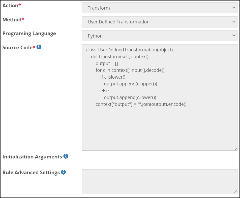 User Defined Transformation Payload