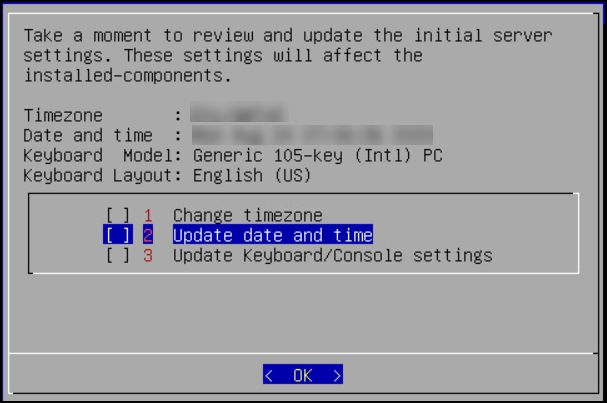 Update Date/Time Zone screen
