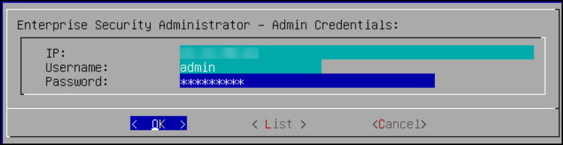Enterprise Security Administrator - Admin Credentials screen