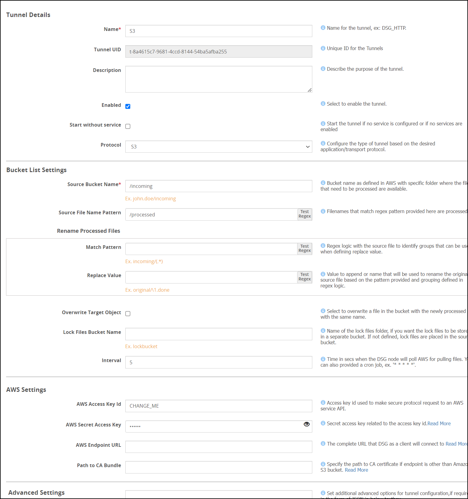 Amazon S3 tunnel screen